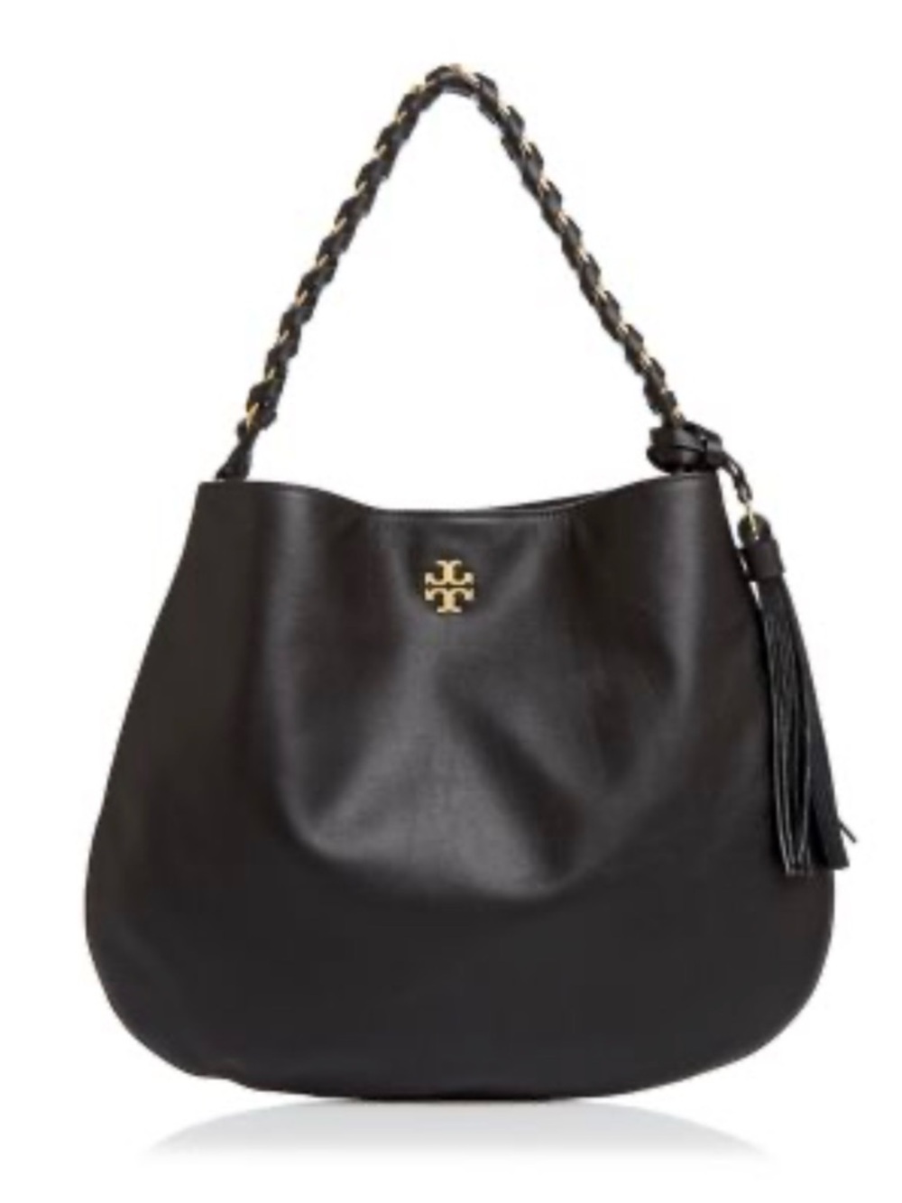Tory Burch Black Leather Hobo with Gold Logo and Tassel